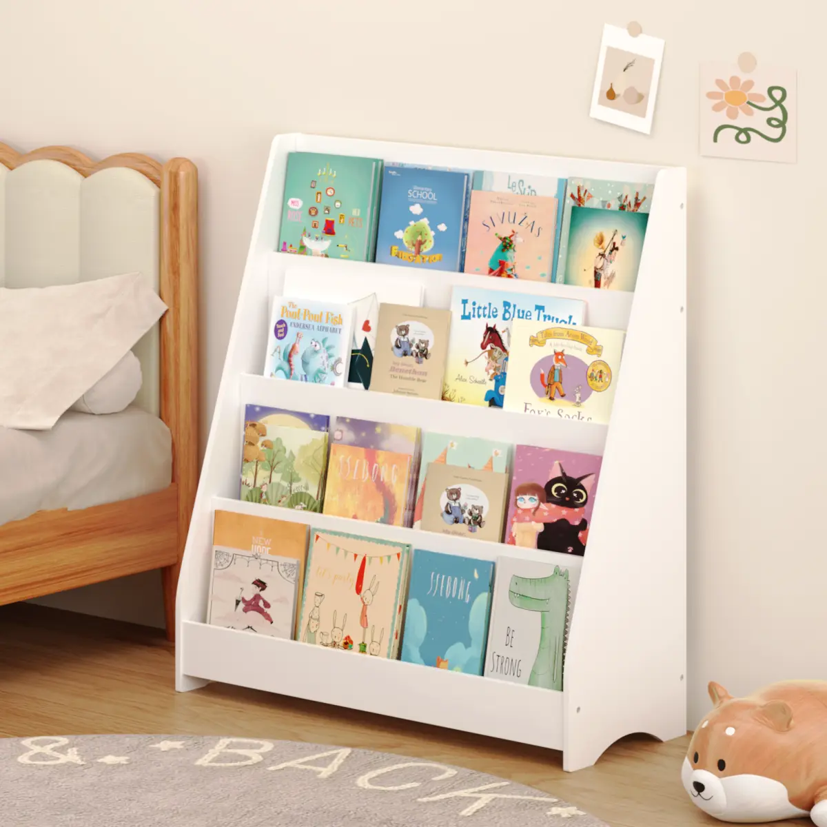 Kids Wooden Bookshelf - 4-Tier Sturdy Stable Montessori Sling Bookcase, Front-Facing Children's Shelf (28.37 lbs, 31.50 x 11.81 x 34.65 inches, Above 25 kg) for Nursery, Playroom, White