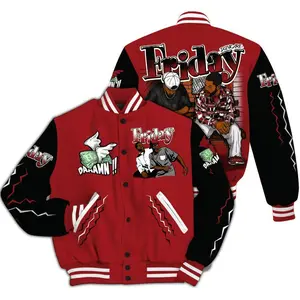 Varsity Jacket Match Alternate Flu Game 12s Sneakers, Friday Movie 90s Graphic Design, Oversized Streetwear Baseball Coat