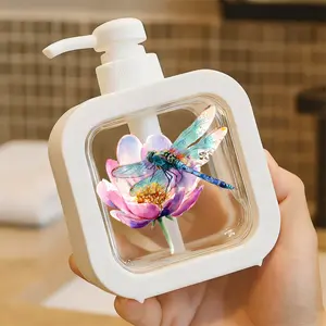 Moisturizing Hand Soap Pump Bottle, Soap Dispenser, Kitchen & Bathroom Soap Dispenser - Refillable, Aesthetic Design with Delicate Watercolor Dragonfly & Pink Flower, Elegant Home Decor, Easy to Clean, Liquid Container