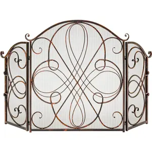 3-Panel 55x33in Solid Wrought Iron See-Through Metal Fireplace Screen, Spark Guard Safety Protector w/Decorative Scroll - Copper  European style iron fireplace screen partition fence wall fire enclosure