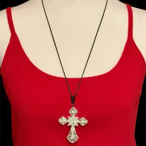 Gothic Cross Pendant Necklace Adjustable Black String Rope Victorian Retro Style New