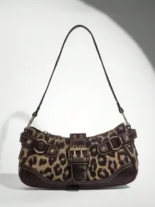Niche design one-shoulder handbag underarm bag, leopard pattern retro classic one-shoulder bag, metal buckle belt splicing design, trendy and fashionable, suitable for daily travel, shopping and street shooting, etc., Casual Trendy Bag, Handbag Sling Bag