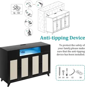 【Christmas Gift】Black Rattan Sideboard Buffet Cabinet With 4 Doors 2 Drawers Built In Power Outlet Usb Ports Adjustable Shelves Anti Tip Kit Black For Kitchen Dining Room Living Room Hallway