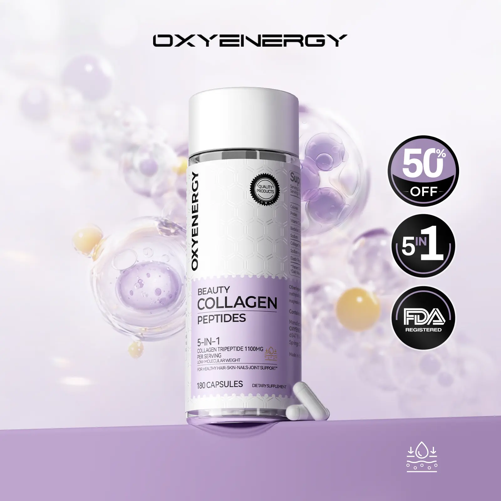 Oxyenergy Tri-Peptide Advanced Marine Collagen Capsules 1100mg Per Serving Rapid Absorption 5-in-1 Formula for Skin Hair & Nails 180 Capsules Bottle