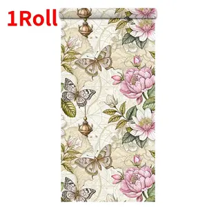 1 Roll of Retro Style Floral Wallpaper, Pink Butterfly & Grass Pattern Self-Adhesive Wallpaper, Spring Aesthetic Peel-and-Stick Wall Decals, Waterproof Contact Paper for Living Room, Kitchen, Bedroom, Dorm Room Decorations, Vintage Aesthetic