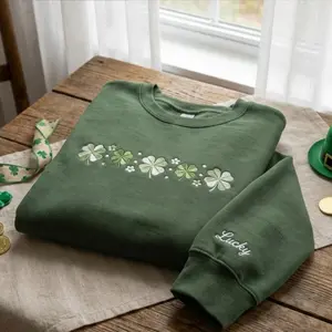 (NOTE YOUR CUSTOM NAME) Embroidered Lucky Shamrock Sweatshirt, St Patricks Day Crewneck, Irish Clover Pullover, Saint Paddys Day Outfit, Green Holiday Sweater, Festive Irish Party Shirt, Unisex Cozy Gift