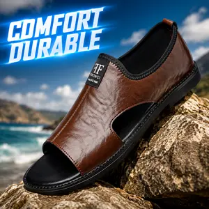 Men's Open Toe Slide Sandals Lightweight Rubber Sole Beach Outdoor Walking Brown
