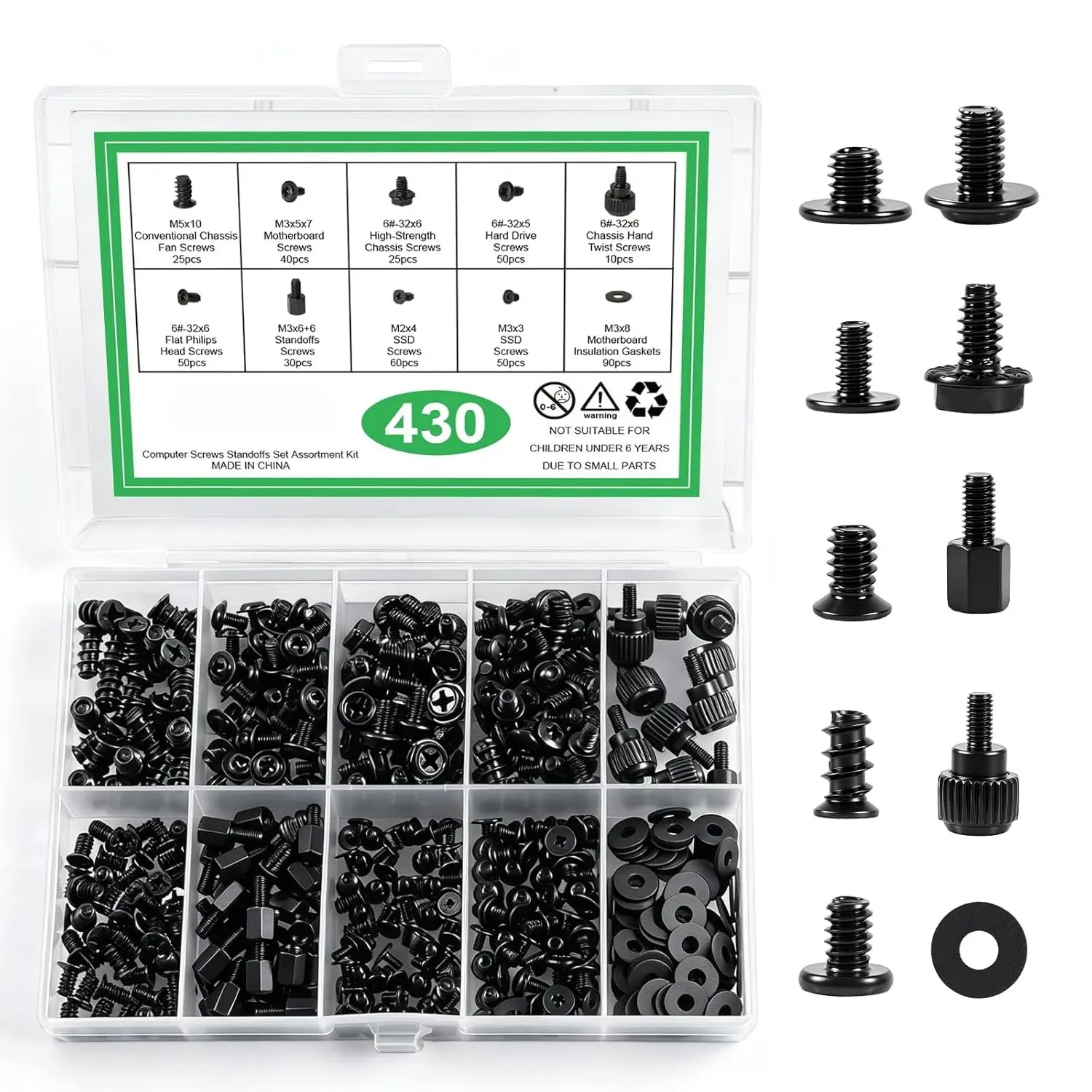 430 count  Screws Assortment Kit with Motherboard Standoffs & Screws,  Case Screws for SSD, Hard Drive, GPU, Fan &  PC , Ideal for DIY PC Maintenance