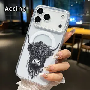 Hairy Highland Cow Pattern Magnetic Phone Case for iphone 17 Pro Max 16 Plus 15 14 13 12 11 Air XR E Anti-Yellowing Shockproof Lightweight Transparent Acrylic Large Hole Soft Cover Supports Wireless Charging