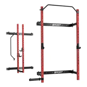 Folding Squat Rack, 1000LBS Capacity Wall Mounted Squat Rack, 2.36"x2.36" Foldable Squat Rack with Pull Up Bar, J Hook, Landmine,for Home Gym Garage