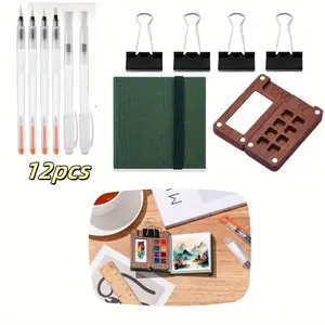 1Set Mini Acrylic 8-Grid Watercolor Palette, Watercolor Paint, Brush Pen, Portable Drawing Book Travel Sketching Painting Kit for Painters Artist