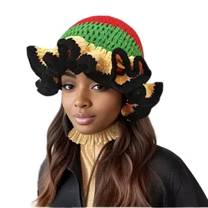 Women's Multicolor Handmade Crochet Pleated Beanie with Funny Lace Knit Design for Autumn and Winter Warmth