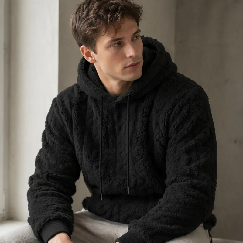 Men’s 3D Plush Texture Hooded Sweatshirt - Thick, Stylish Long Sleeve Plain Polyester Pullover for Casual Wear, Mens Tops with Warmth