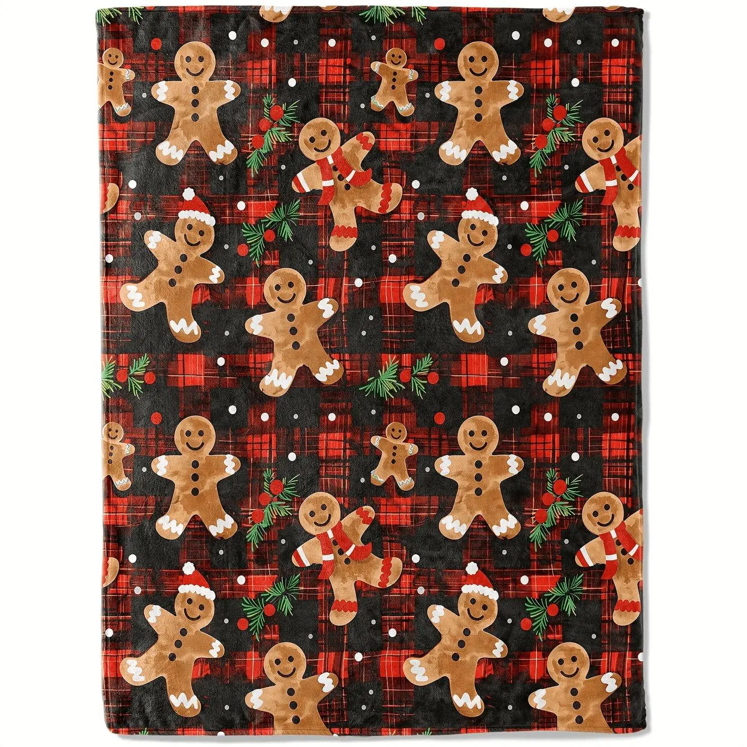 1PC Ultra Soft Gingerbread Man Blanket Lightweight Flannel Cheerful Red Plaid Contemporary Style Machine Washable Multipurpose Seasonal Occasion Throw for Sofa Bedroom Knitted All Season Cozy Blanket Textile