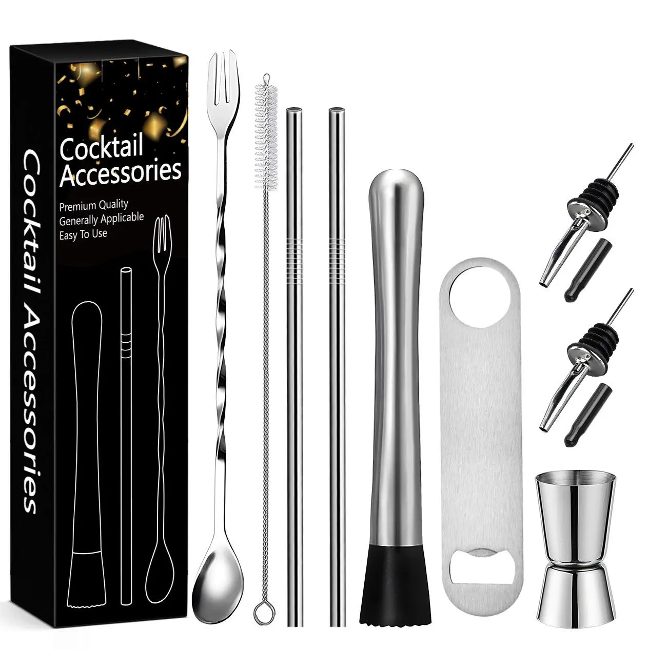 Stainless Steel Cocktail Shaker Bar Sets in 2/5/9 Pieces, 9 Inch Shaker, 10 Inch Bar Spoon and Accessories, Perfect for Mojito and Mixology
