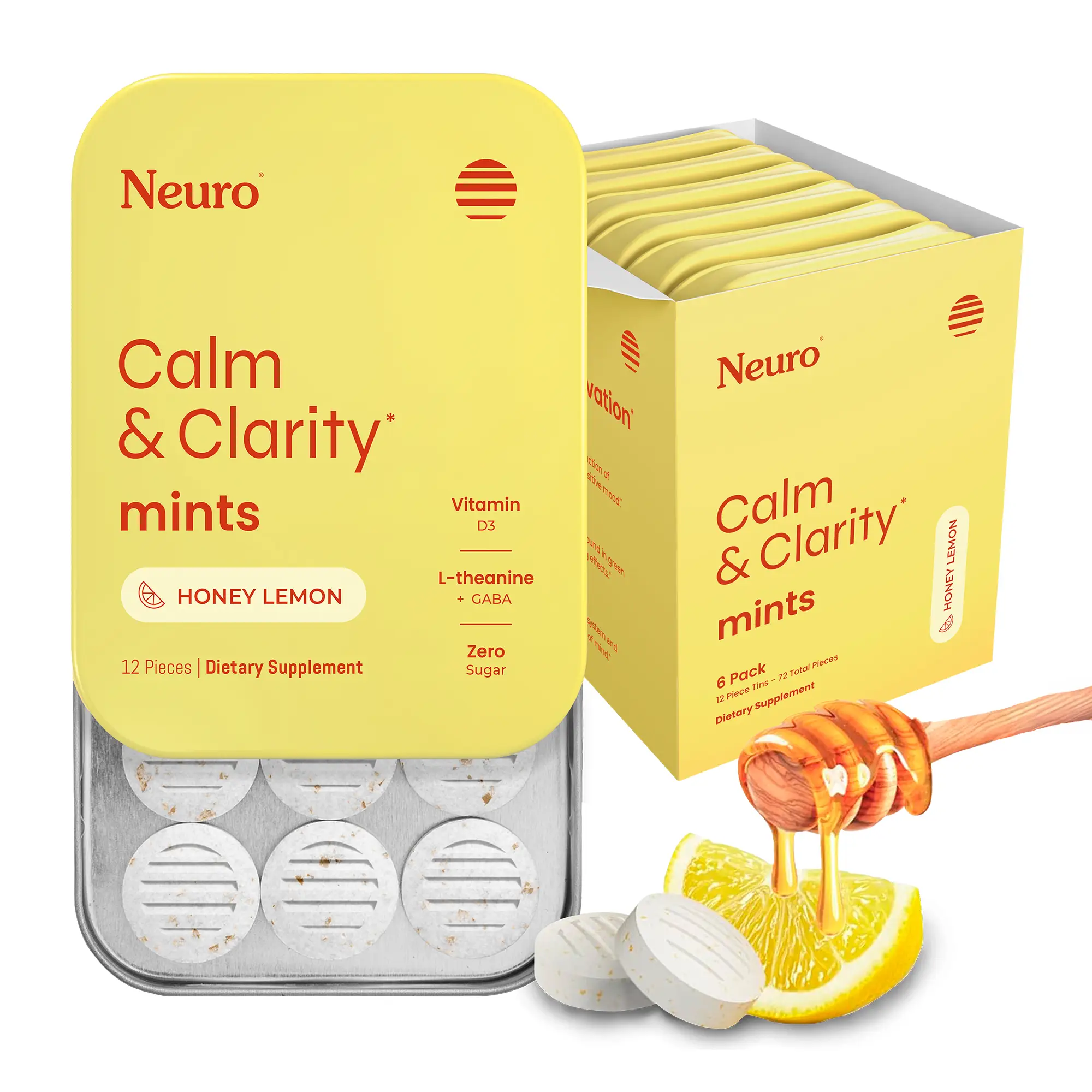 Neuro Calm Mints with L-theanine, Vitamin D3 & GABA - Sugar-Free Calm & Clarity Mints for Relaxation and Focus - Honey Lemon Flavor