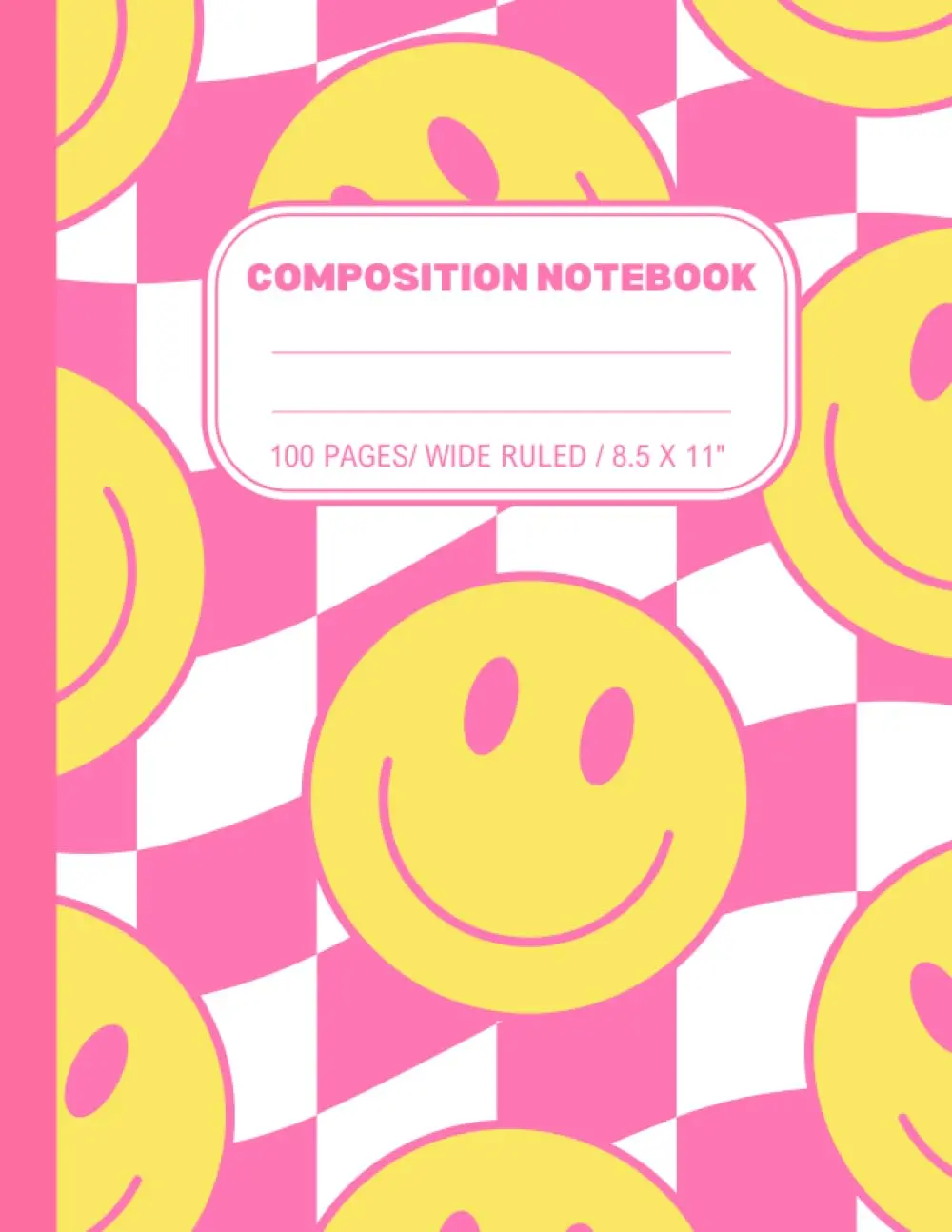 Preppy Fashion Y2K Pastel Pink & Yellow Aesthetic Composition Notebook: Wide Ruled Journal for Girls, Kids, Teens; Checkered Happy Face Smiles, Cool Design Office & School Supply