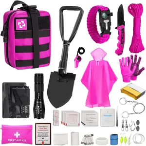 Pink Survival Kits with First Aid Kit, Hiking Camping Gear and Equipment for Women, Professional Bug Out Bag Survival Set with Molle Pouch, Outdoor Gift for Women