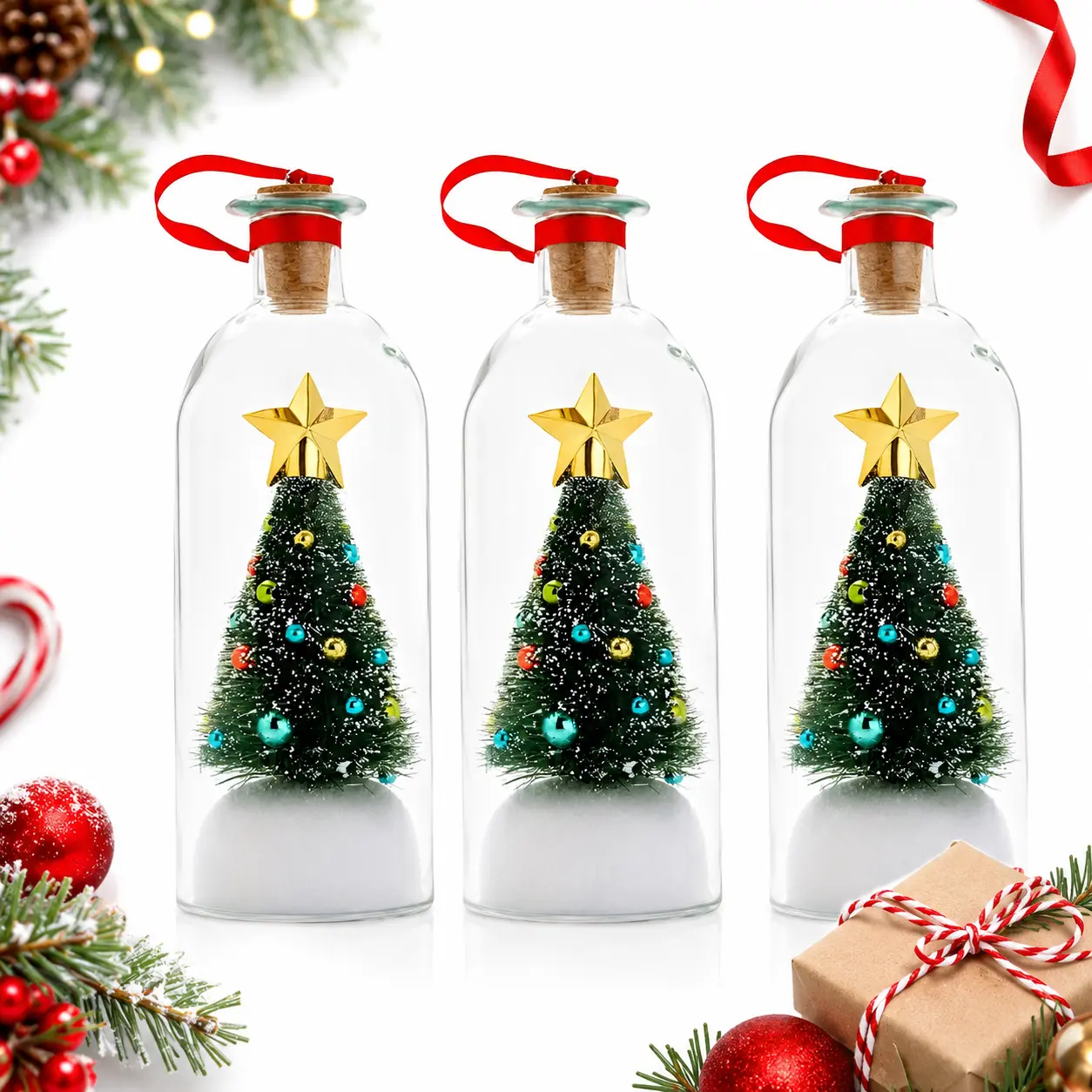 3 Pcs Recordable Message in A Bottle Mini Frosted Christmas Tree Ornament, Personalized Voice Keepsake Cork Xmas Tree Decor, Christmas Magic Voice Recording Gift for Festival Party Home Display