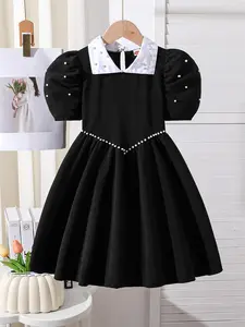 Girls' Summer Fashion Elegant Dress, Collared Shirt Dress, Patchwork Collar Beaded Lantern Sleeve Princess Dress, Suitable for Daily Outings, Stylish Kids Clothing