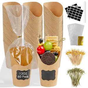 521 Pcs Charcuterie Cups with Sticks and Bags, 12oz Disposable Brown Paper Charcuterie Cup, 60pcs French Fry Holder with Labels, 100 Bags Ties Cocktail Picks Skewers and 1 Marker, Take Out Containers