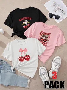 Sweet Cherry Girl Set Combo, Floral Print Girls' T-Shirts, Cute Graphic Tee, Soft & Wrinkle-Free, Suitable for Home, School, Outdoor Activities, Ages 4-12