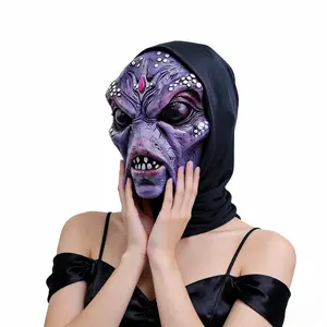 Venusian alien; men’s purple mask; oversized black compound eyes with rose-red tones; gradient purple tones and rough texture; white particles on the forehead; black draped headband and neckband; sci-fi role-playing horror prop; Halloween sci-fi themed pa
