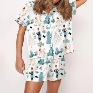 Breakfast At Tiffany's Print Pajama Set Print Comfy Satin Sleepwear & Loungewear Pjs Printing Silky Top & Bottoms - SHESHOW