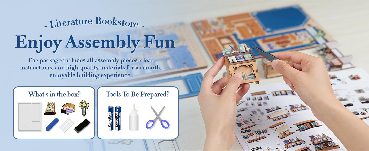 Literature Bookstore DIY Book Nook Kit - Miniature House with Sensor LED Light for Adults & Teens, Bookshelf Decor Tiny Library, Stress Relief Handmade Craft, Perfect Birthday & Holiday Gift for Lovers Family