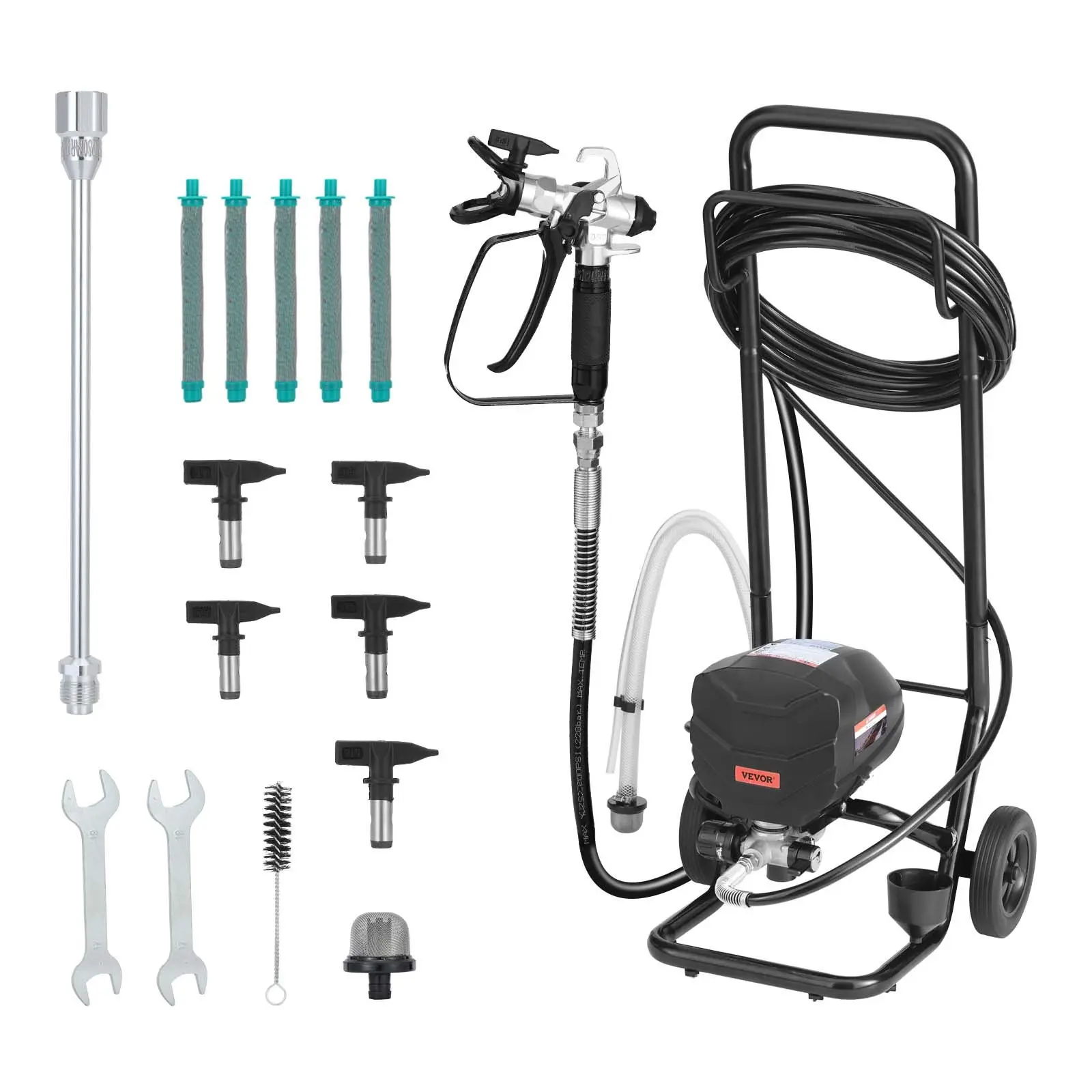 VEVOR Wheeled Cart Airless Paint Sprayer - 650W 3000PSI High-Pressure Electric Spraying Machine with Cleaning Brush, Hose, Extension Rod, Nozzles for Painters’ House Interior & Exterior Painting, Spray Gun, Airless Sprayer