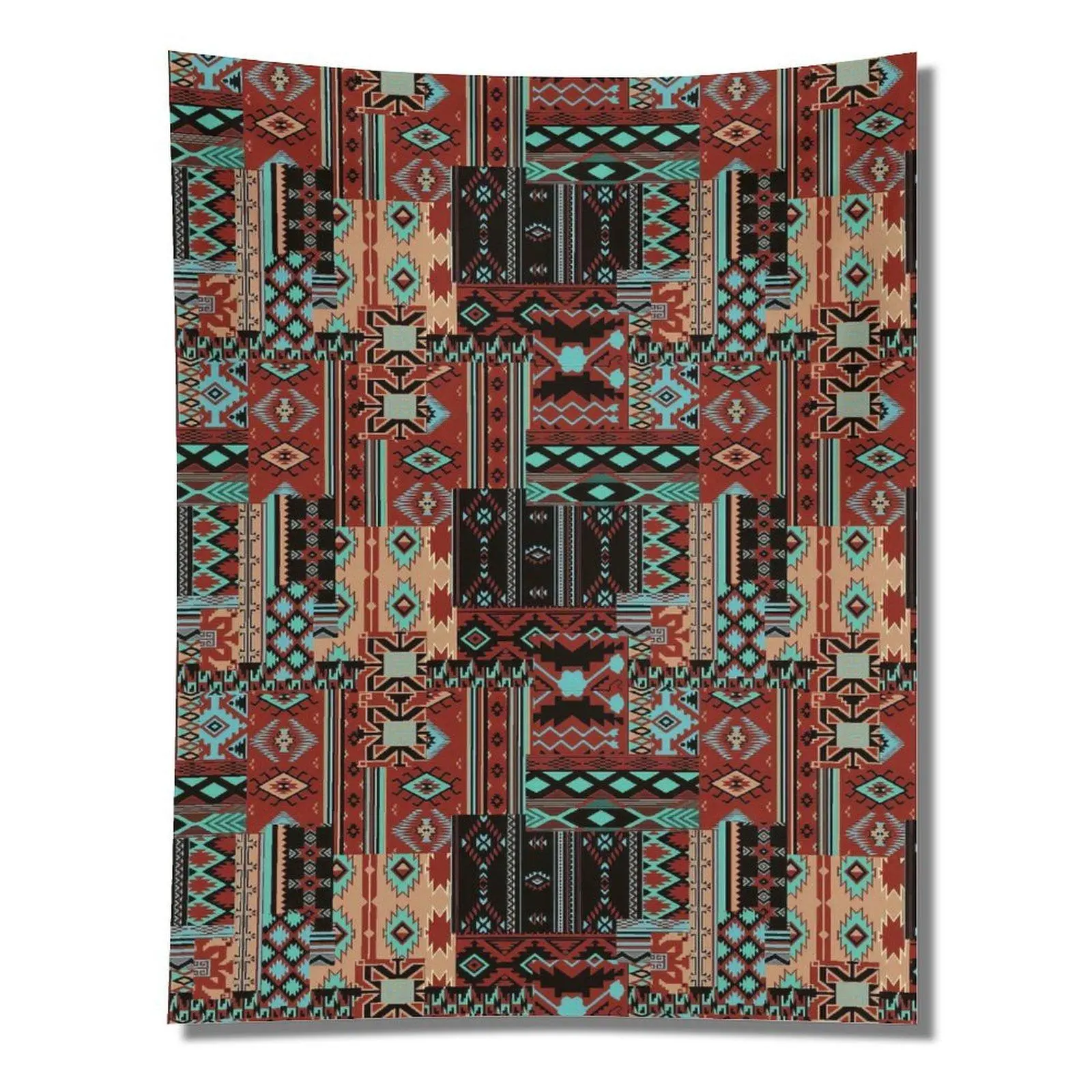 Red Teal Southwest Aztec Geometric Tribal Native Seamless Repeat Pattern Boho Western Wall Tapestry Wall Hanging Desert Aesthetic Dorm Home Decor