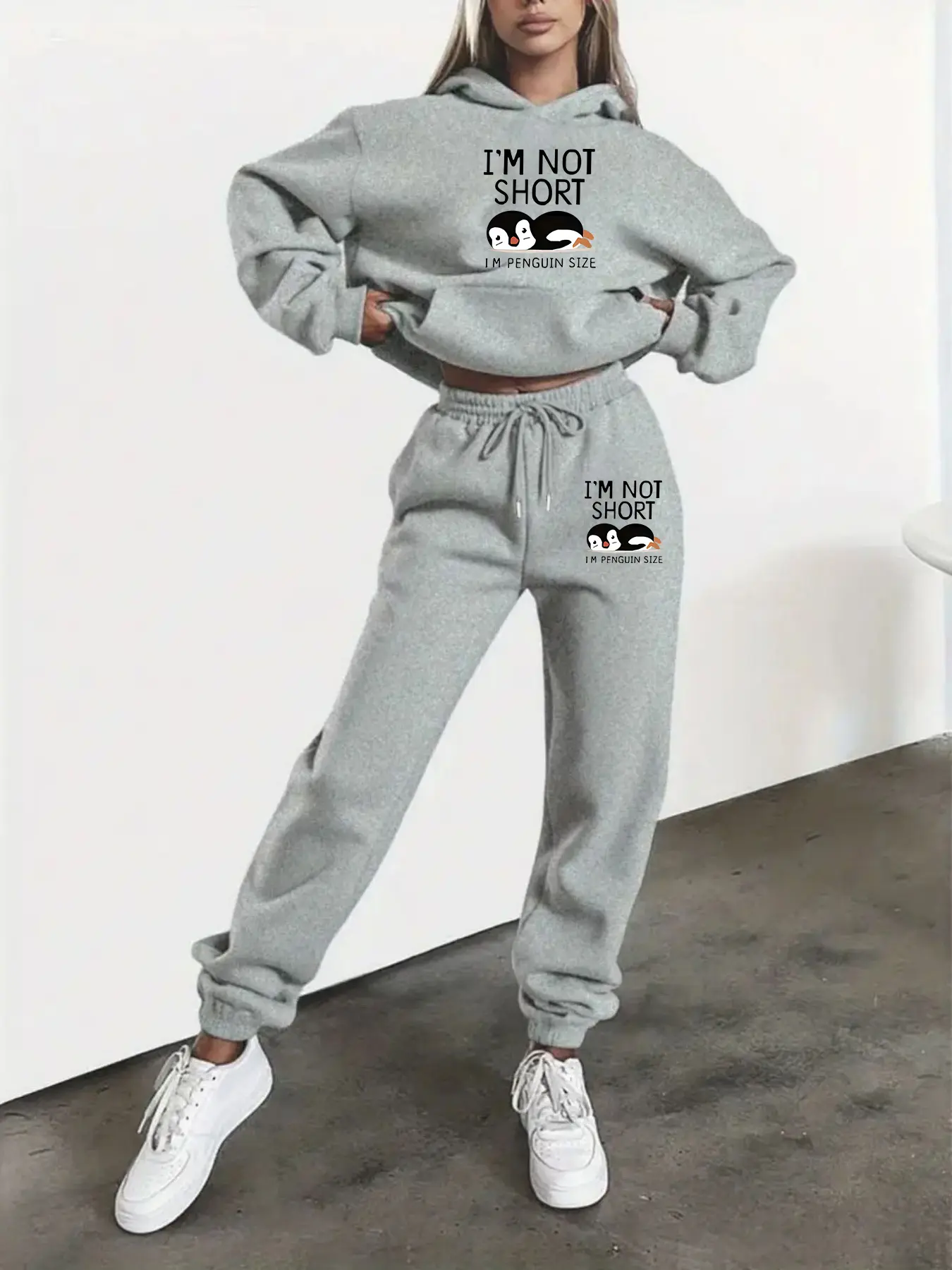 Women's Hooded Sweatshirt Set, Autumn Winter Penguin Letter Print, Casual Cartoon Style, Fitted Moderate Knit Fabric, Daily Wear