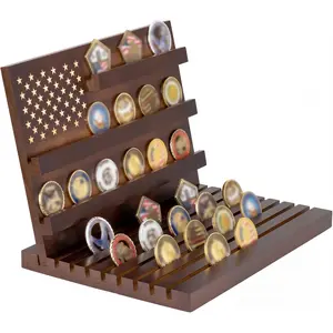 Wooden military coin display rack, walnut veneer challenge coin rack, multi-tiered collectible coin rack