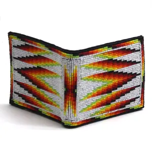 Handmade beaded Native American style genuine leather Men's bifold Wallet/purse - White Fire