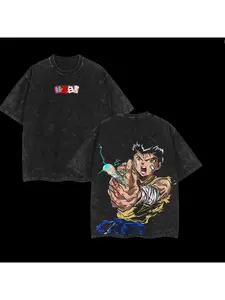Yusuke Urameshi - Yu Yu Hakusho Anime Double Printed Vintage Washed Tee Unisex Oversize Anime Manga Washed Heavyweight T-shirt