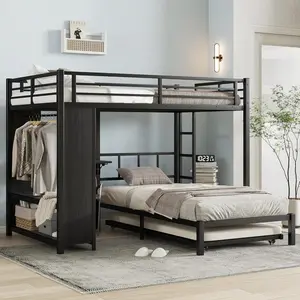 Twin Over Twin Metal Bunk Bed with Built-in Wardrobe, Foldable Desk, Heavy-Duty Frame & Trundle, Space-Saving Noise-Reduced Design for   Teens, Adults  , Black