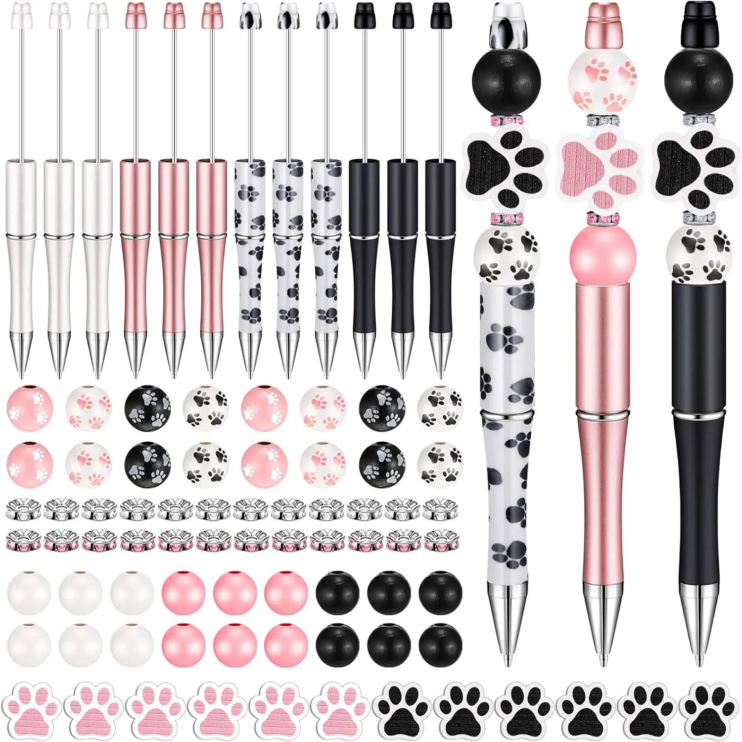 Cartoon Dog Paw Pattern Ballpoint Pen Set, 58pcs/set DIY Round Ballpen Set, Including 8 Counts Ballpoint Pen, 16pcs Spacers, 34pcs Wooden Beads, DIY Jewelry Making Supplies for Teenager & Adults, Aesthetic Pens, Writing Stationery, Pens Set
