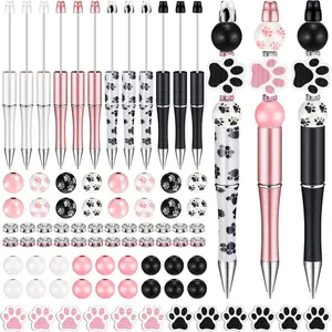 Cartoon Dog Paw Pattern Ballpoint Pen Set, 58pcs/set DIY Round Ball Pen Set, Including 8 Counts Ballpoint Pen, 16pcs Spacers, 34pcs Wooden Beads, DIY Jewelry Making Supplies for Teenager & Adults, Writing Stationery