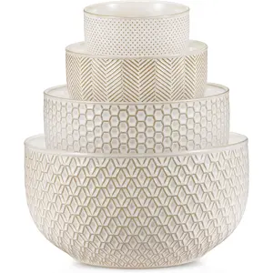 Ceramic Mixing Bowls, Nesting Set of 4, Embossed Kitchen Dishware, Prep, Serving, Gift, Microwave and Dishwasher Safe, 20/44/98/145 oz, Narbonne Collection (Ivory)