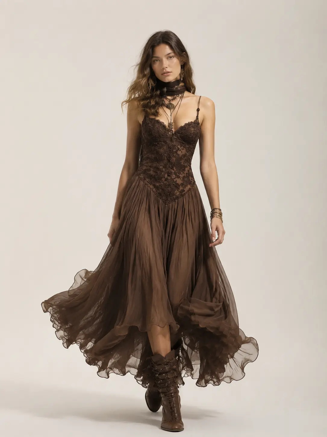 Women's Dark Brown Lace Maxi Dress, Spaghetti Strap Deep V Neck Sleeveless High Waist Long Dress, Vintage Boho Flowy A-Line Dress with Asymmetrical Ruffle Hem, Summer Festival Vacation Beach Resort Party Renaissance Fairy Outfit, Sizes XS-2XL