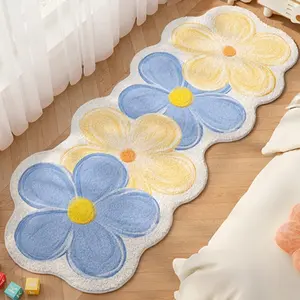 ins cream style flower shape irregular bedside strip carpet blue floral bedroom decoration plush carpet fluffy soft living room washable carpet warm cloakroom lounge study non-slip floor mat Floral Shaped Rug