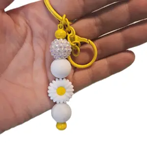 Yellow Daisy Keychain with White Beads and Crystal Accents for Women
