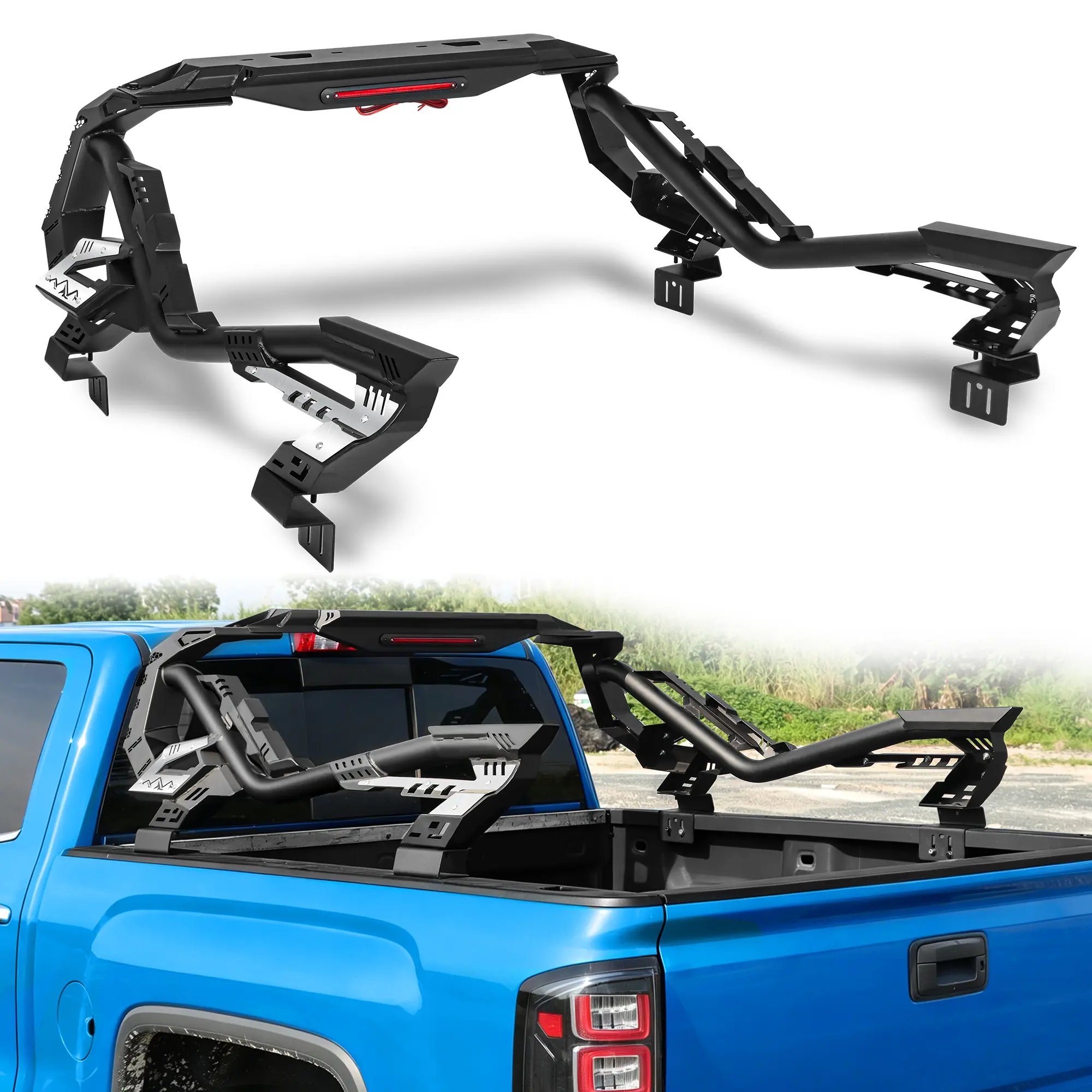 MONOKING Full-Size Truck Bed Chase Rack Roll Bar for F-150, Ram 1500, Silverado, Sierra, Tacoma, Tundra, Ranger, Colorado, Gladiator and Titan, Steel Sport Bar with Brake Light and Light Mounts
