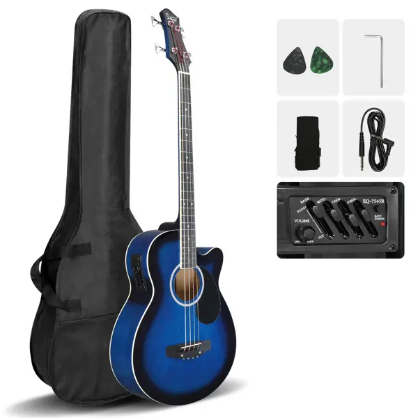 Full Size 4-String Acoustic-Electric Acoustic Bass (44.5 in) - Basswood Body & Top, Rosewood Parts, Adjustable Truss Rods, EQ-7545R 4-Band Equalizer, 9V, ABS Plastic Components, Built-In Volume Control, 20Hz-20kHz, W/ Bag, Strap, Cable, Wrench (Blue)