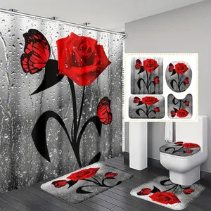 4pcs Roses And Butterflies Polyester Waterproof Heat Insulation Home Decor Bathroom Shower Curtain With 12 Hooks Bathroom Anti-slip Mat U-Shaped Floor Mat And Round Toilet Seat Cover Mat Bathroom Set Full Scene Use