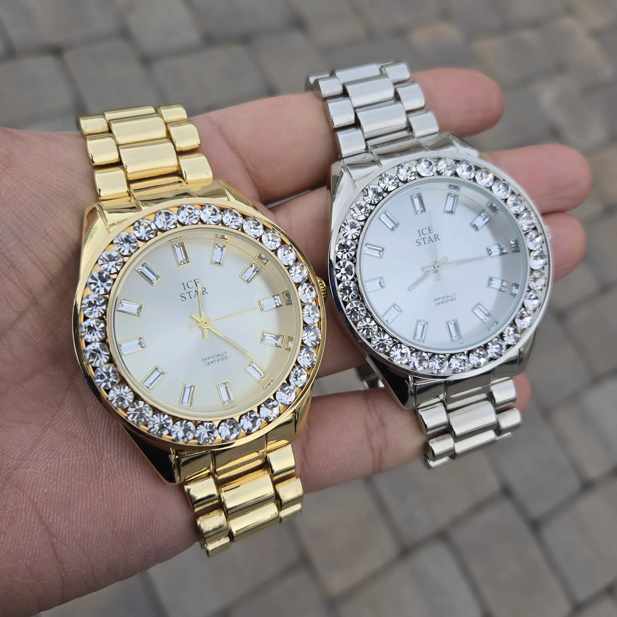 MaxBling81 Men's Iced Out Style Diamond Wrist Watch, 43mm Round Face with Baguette Stones, Quartz Movement, Adjustable Alloy Metal Band, Male Watch