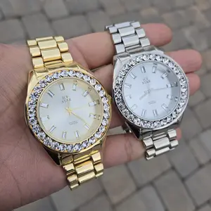 Men's 43mm Luxury Iced Out Bezel Watch with Metal Band - Quartz Movement, Baguette Stone Dial - Diamond-Encrusted Timepiece