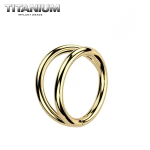 Titanium Double Nose Hoop - 20 Gauge 0.8mm Thickness 9/32" 7mm Hinged Segment Clicker Style Gold Color Finish Hypoallergenic Durable High Quality