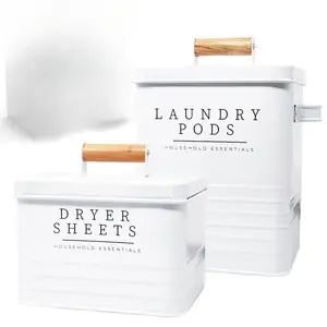ssentials Modern Farmhouse Metal Laundry Pods Container with Dryer Sheet Holder. Holds over 200 Laundry Pods and 300 Dryer Sheets. Organizer Set
