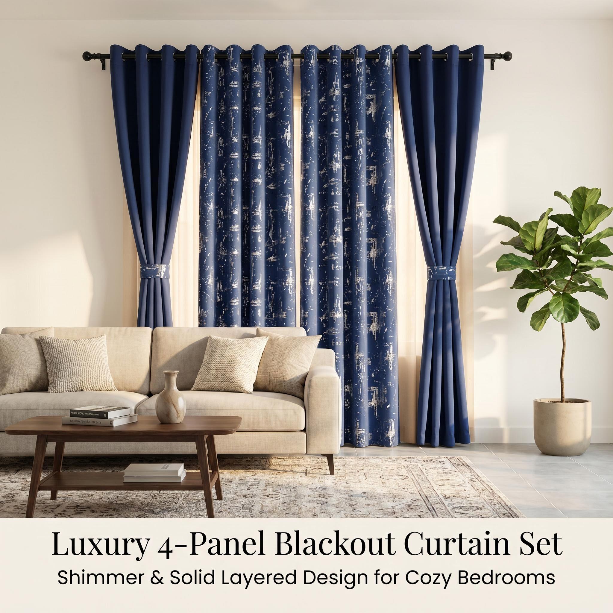 4-Panel 52"x84" Grommet Curtains Combo (2 Solid Blackout + 2 Foil Metallic Printed), Thermal Insulated Noise-Reducing Window Drapes, Room Darkening for Bedroom Living Room, Machine Washable QF222 & QF639, Blackout Curtains